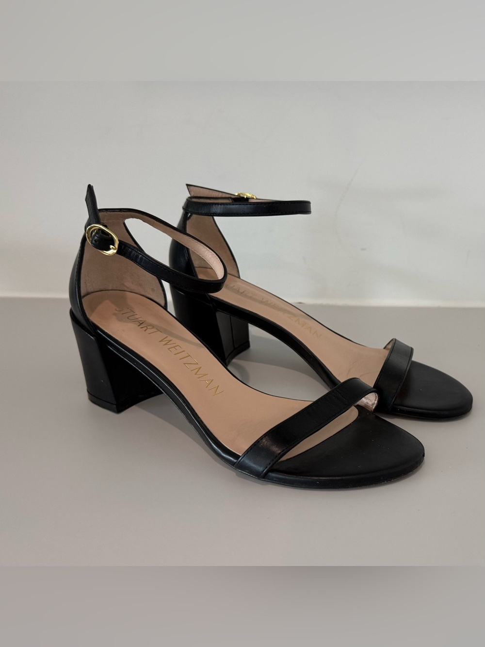 Stuart Weitzman Nudist Black Leather Ankle-Strap Block Heels